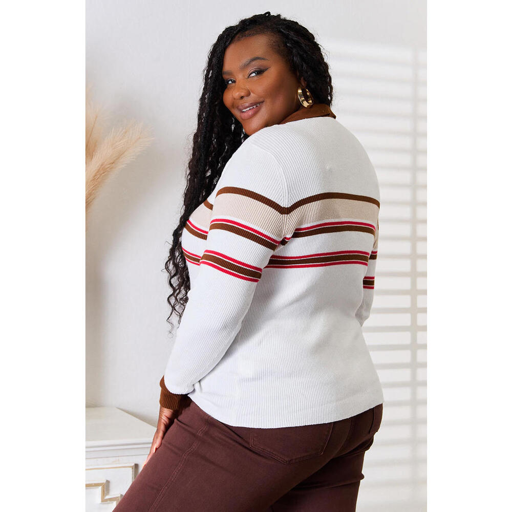 Striped Collared Neck Rib-Knit Top - Picture 6 of 7